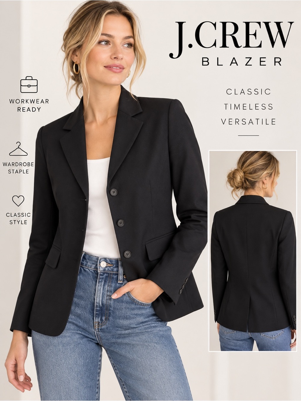 J. Crew Black Three Button Blazer Women’s Medium 8 Classic Career Made in Japan